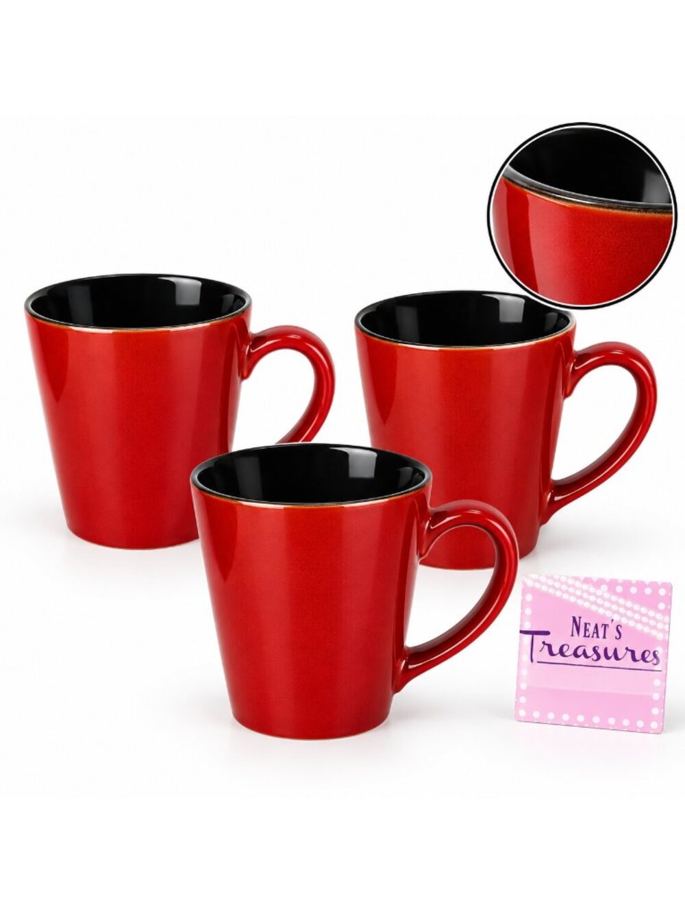 Pfaltzgraff ARIA RED Outside Black Inside Stoneware 12oz Flared Cups Mugs Set 3